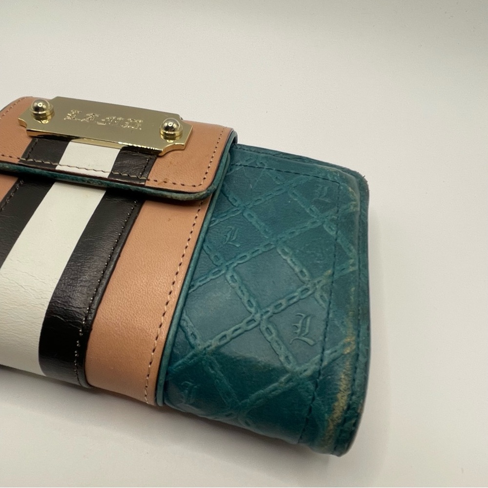 Vintage Gwen Stefani Lamb L.A.M.B. Wallet Leather Y2K Teal Blue Tan Rare Color - Picture 4 of 15